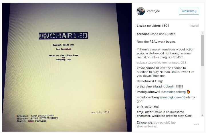 Scenariusz filmu Uncharted jest ponoć czadowy. - Filmowy Uncharted ma już scenariusz - wiadomość - 2017-01-09