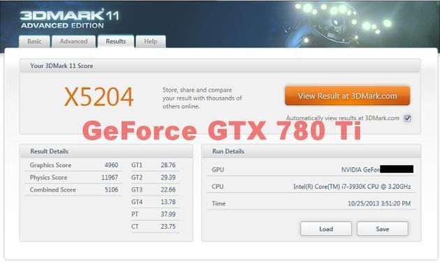 Wynik testu GTX 780 Ti w programie 3DMark 11 (źródło: Xtreme Systems).