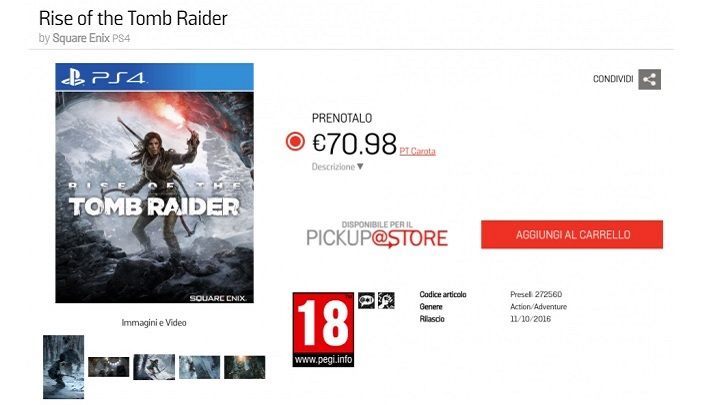 Data premiery Rise of the Tomb Raider na PS4 / Źródło: włoski GameStop. - Rise of the Tomb Raider ukaże się na PlayStation 4 w październiku? [News zaktualizowany] - wiadomość - 2016-07-19