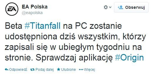 Wpis EA Polska na Twitterze.