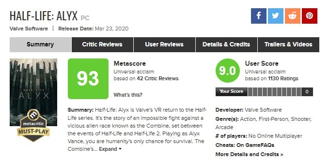 Half-Life: Alyx dominuje na portalu Metacritic - ilustracja #2