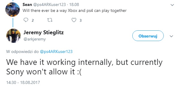 ARK: Survival Evolved nie będzie wspierać systemu cross-play pomiędzy użytkownikami konsol PS4 i XOne / Źródło: Jeremy Stieglitz na Twitterze.