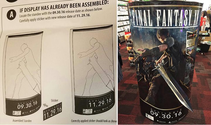 Instrukcja zmiany daty premiery, po prawnej pierwotna wersja standa, ze starym terminem. Źródło: Gamnesia. - Final Fantasy XV zaliczy dwumiesięczy poślizg? [aktualizcja: oficjalne potwierdzenie] - wiadomość - 2016-08-15