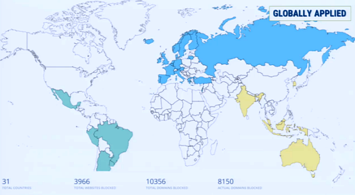 Mapa przedstawiająca kraje, w których dostawcy Internetu blokują strony z nielegalnymi materiałami. - Blokowanie pirackich stron przybiera na sile - wiadomość - 2019-02-13