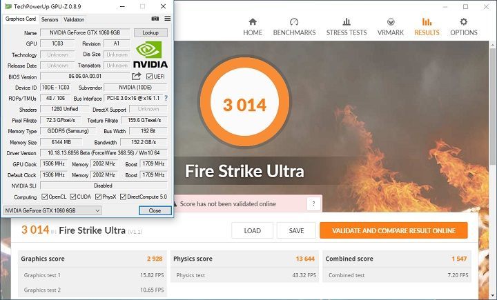 Wyniki testów karty grafiki GeForce GTX 1060 w 3DMark Firestrike Ultra / Źródło: XFastest. - Nvidia GeForce GTX 1060 mocniejsza od Radeona RX 480 - wiadomość - 2016-07-06