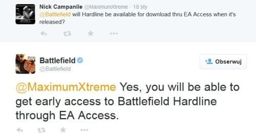 Battlefield Hardline będzie dostępny w ramach usługi EA Access (źródło: Twitter)