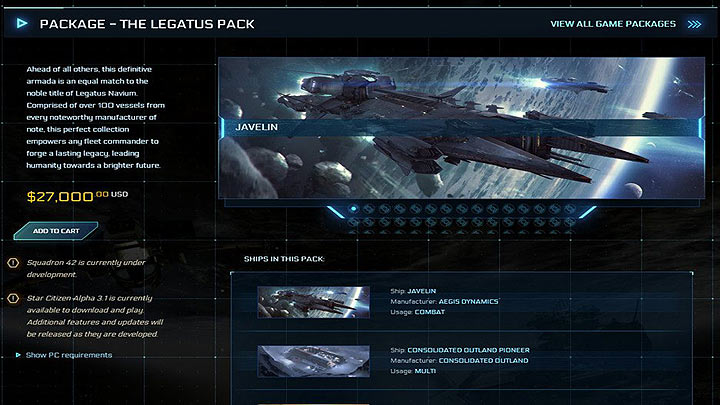 The Legatus Pack zasługuje na niechlubne miano najdroższego DLC w historii komputerowej rozrywki. - Star Citizen – kompendium wiedzy [Aktualizacja #6: prace nad grą, cena, wymagania sprzętowe]  - wiadomość - 2019-04-29