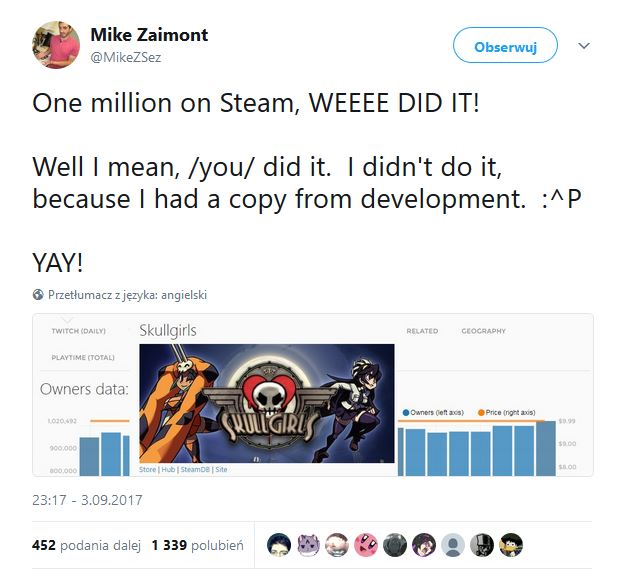 Źródło: Twitter - Skullgirls z milionem sprzedanych egzemplarzy na Steamie - wiadomość - 2017-09-05