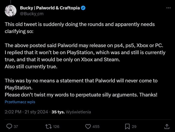 Żródło: Bucky / serwis X. - Palworld może trafić na PlayStation 5. W międzyczasie twórcy mierzą się z pogróżkami - wiadomość - 2024-01-23