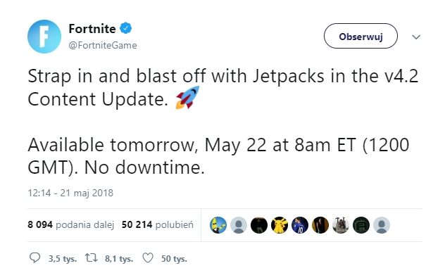 Informacja o premierze jetpacków na oficjalnym Twitterze Fortnite.