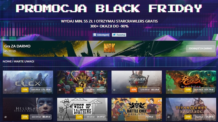 W ramach tak zwanej „Promocji Black Friday” sklep GOG.com przecenił ponad trzysta gier ze swojej oferty. Wśród nich można znaleźć zarówno kultowe produkcje, jak i nowości. - Czarny piątek w GOG.com – oryginalne MDK do zdobycia za darmo - wiadomość - 2017-11-21