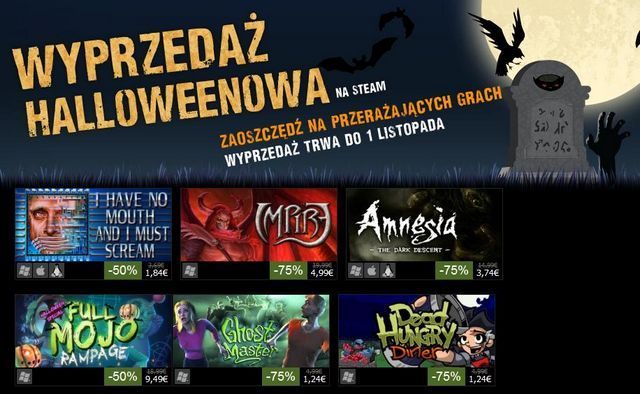 W ramach wyprzedaży halloweenowej na Steamie zaprezentowano dość szeroki wybór przecenionych tytułów, przeważnie w jakimś stopniu pokrewnych ze świętem przypadającym na 31 października - Halloweenowa wyprzedaż na Steamie – m.in. Dead Rising 2, Resident Evil, The Walking Dead, Vampire: The Masquerade – Bloodlines - wiadomość - 2013-10-29