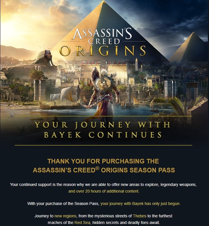Wiadomość o takiej treści otrzymają gracze, którzy zaopatrzą się w przepustkę sezonową do Assassin’s Creed Origins. (Źródło obrazka: Reddit) - W DLC do Assassin’s Creed Origins pojawi się kolejne miasto - wiadomość - 2017-10-31
