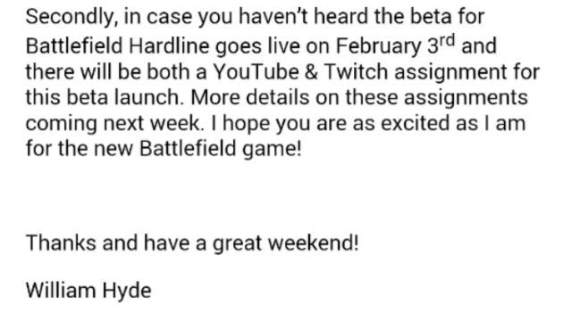 Zrzut ekranu z wiadomości, z której wynika, że kolejne testy Battlefielda Hardline rozpoczną się 3 lutego - Battlefield Hardline – kolejna faza bety w przyszłym tygodniu? - wiadomość - 2015-01-26