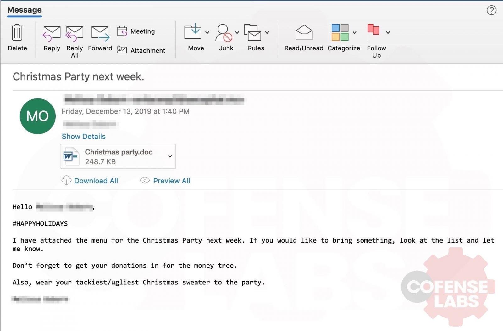 Oto przykład jak wygląda jeden z wysyłanych maili. - Świąteczny trojan – hakerzy zapraszają na imprezę - wiadomość - 2019-12-17