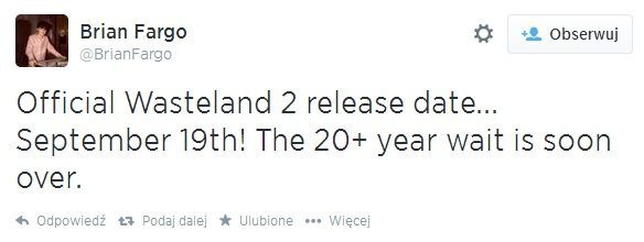 Brian Fargo ogłasza na Twitterze datę premiery gry Wasteland 2.