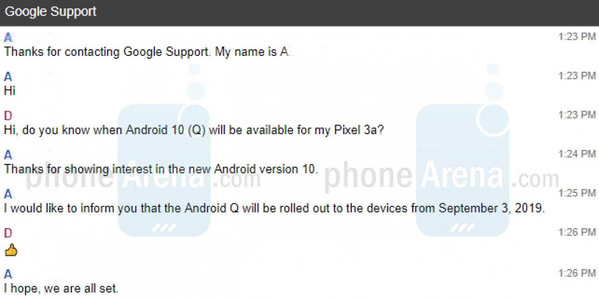 Zrzut rozmowy z supportem Google. Źródło: gsmarena.com - Android Q to Android 10. Nowa nazwa oraz data premiery systemu Google [Aktualizacja] - wiadomość - 2019-08-27