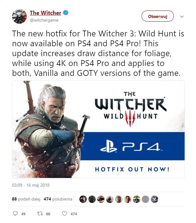 Wiadomość na Twitterze serii The Witcher.