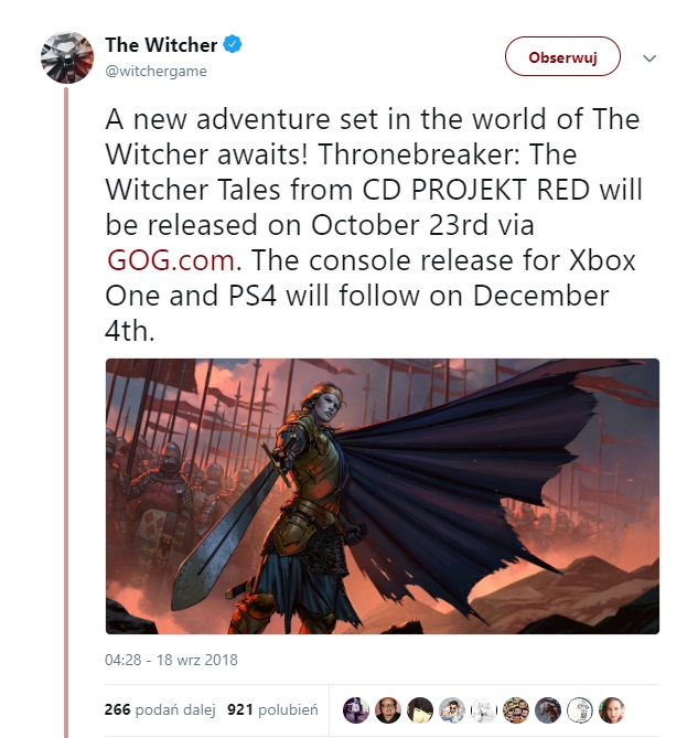 Tweet studia CD Projekt RED.