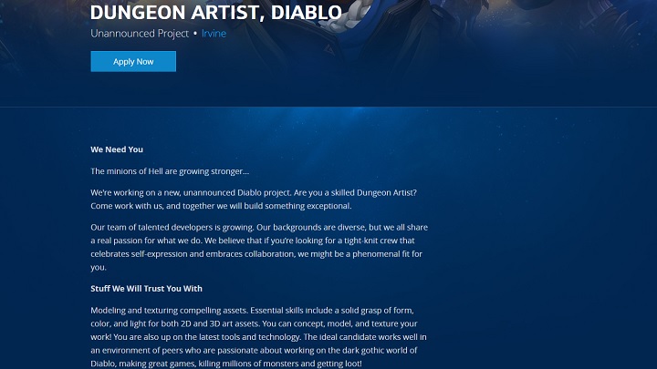 Ogłoszenie o pracę nie zawiera konkretów, jednak działa na wyobraźnię graczy. Czyżby za rogiem czaiła się czwarta odsłona cyklu Diablo? - Blizzard pracuje nad kolejnym projektem z uniwersum Diablo - wiadomość - 2018-06-05