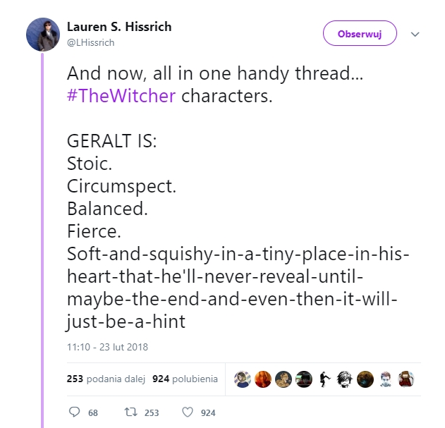 Opis Geralta na Twitterze Lauren S. Hissrich. - [Aktualizacja] Nie, Twitter showrunnerki netfliksowego Wiedźmina nie ujawnia bohaterów serialu - wiadomość - 2018-02-28