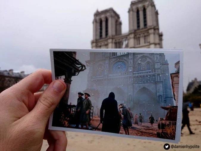 Porównanie prawdziwej katedry Notre Dame i jej wirtualnego odpowiednika. (źródło obrazka: Twitter)
