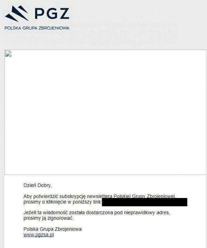 Tak aktualnie wygląda mail z prośbą o potwierdzenie chęci otrzymywania newslettera PGZ. - Polska Grupa Zbrojeniowa „nieświadomie” wykorzystała grafikę z Battlefield 4 - wiadomość - 2018-08-29