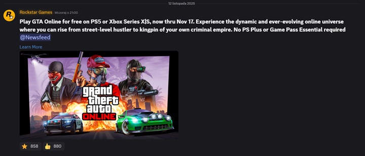 Rockstar Games zaprasza do zabawy w GTA Online wszystkich zainteresowanych. Źródło: Discord Rockstar Games. - Nie trzeba PS Plusa ani Game Passa, żeby grać w GTA Online. Rockstar wychodzi do graczy z wyjątkową akcją, która nie potrwa długo - wiadomość - 2025-11-13