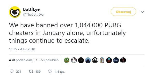 Tweet na kanale systemu antycheaterskiego BattlEye.