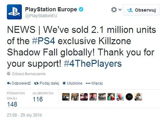 Wiadomość o sprzedaży Killzone: Shadow Fall opublikowana na Twitterze - Sony nie wyjaśnia tu jednak, że chodzi przede wszystkim o ilość gier wysłanych do sklepów.