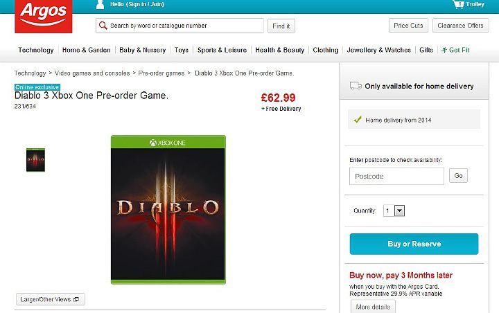 Przez krótką chwilę na stronie sklepu Argos można było składać zamówienia Diablo III na Xbox One w cenie 63 funtów za egzemplarz. - Diablo III na Xbox One? - wiadomość - 2014-01-16