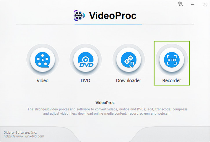 VideoProc oferuje 4 podstawowe funkcje: konwersję wideo, rippowanie DVD, pobieranie z YouTube i nagrywanie.