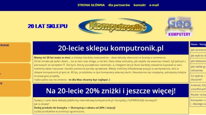 Strona promocyjna rzuca się w oczy. - Promocja na dwudziestolecie sklepu Komputronik.pl - wiadomość - 2018-04-12