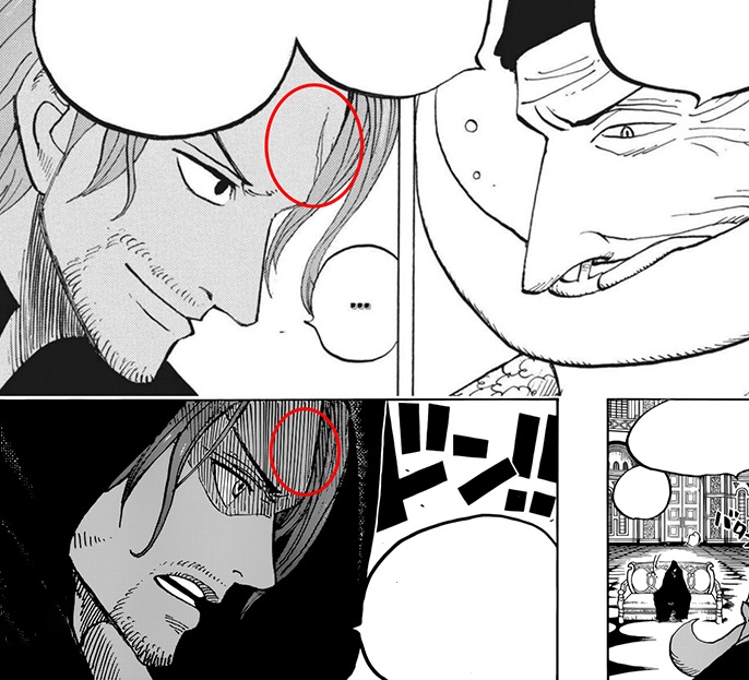 U góry Shanks podczas spotkania z Whitebeardem z widoczną blizną, na dole podczas spotkania ze Starszyzną bez blizny | One Piece, Eiichiro Oda, Shueisha, 1997 - Popularna teoria fanów One Piece na temat Shanksa może być prawdziwa. 1134. rozdział może ujawnić wielki plan Eiichiro Ody - wiadomość - 2024-12-19