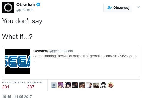 Obsidian Entertainment o planach wskrzeszenia dużych marek SEGI / Źródło: twitter.com/Obsidian