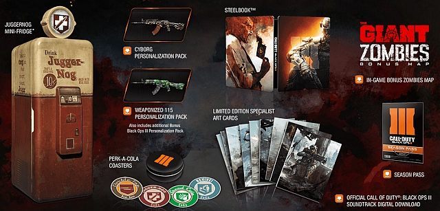 Tak prezentuje się zawartość Juggernog Edition. Lodówka po lewej stronie mieści 12 puszek napojów. - Call of Duty: Black Ops III – kompendium wiedzy [Aktualizacja #12: DLC Zombies Chronicles, Mod Tools i inne] - wiadomość - 2017-05-16