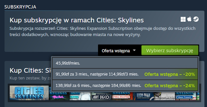 Oferta subskrypcyjna pierwszego Cities: Skylines. Źródło: Steam - Cities: Skylines poszło w ślady HoI4 i EU4, otrzymując płatną subskrypcję. Pierwszą i drugą odsłonę city buildera czeka też masa nowości - wiadomość - 2025-03-20