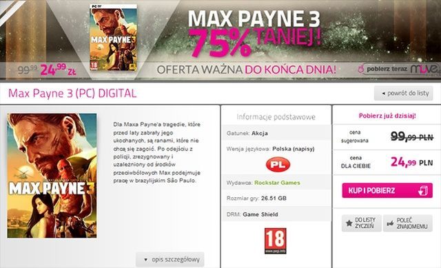 Dzisiejsza promocja objęła grę Max Payne 3. - Promocja w Muve.pl - Max Payne 3 za 24,99 zł - wiadomość - 2012-11-22