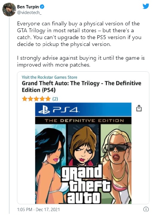 GTA Trilogy Definitive Edition z dzwiną polityką ulepszeń na PS5 i Xbox Series X|S - ilustracja #1