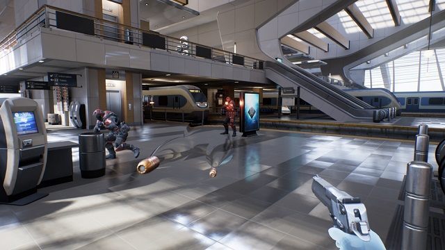 W Bullet Train nie walczy się we wnętrzu pociągu – tym tylko dojeżdża się na dworzec kolejowy, będący właściwym miejscem akcji. - Bullet Train - Epic Games prezentuje możliwości Oculus Touch - wiadomość - 2015-09-25