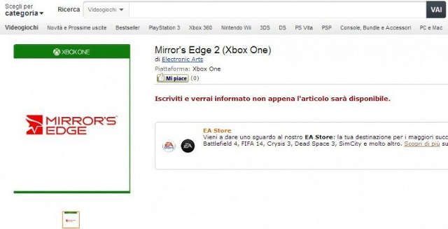 Karta produktu Mirror’s Edge 2 we włoskim Amazonie (źródło: OXM UK) - Mirror’s Edge 2 odnotowane przez kolejny sklep [aktualizacja] - wiadomość - 2013-05-30