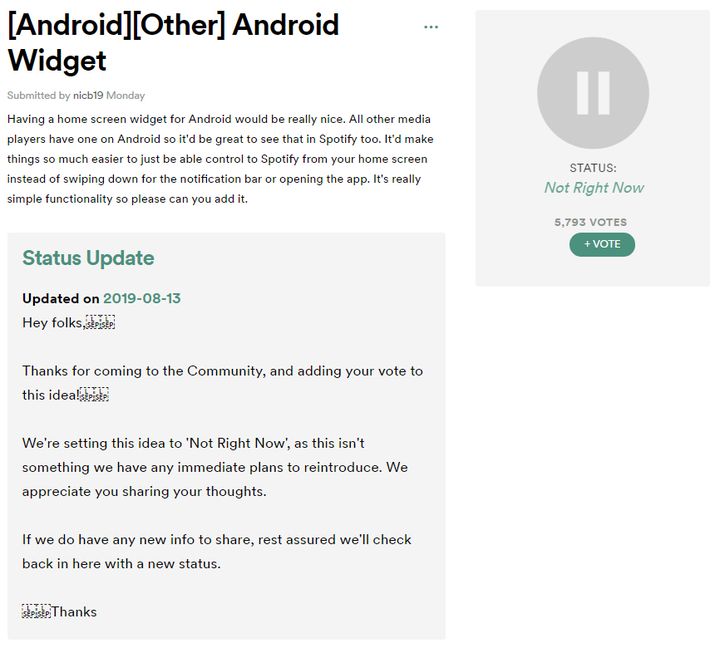 Chęć przywrócenia widżetu wyraziło już niemal 6 tys. osób. - Najnowsza aktualizacja Spotify wkurzyła użytkowników Androida - wiadomość - 2019-08-14