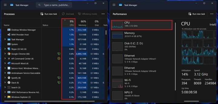 Wcześniej Windows wyświetlał różne wartości przy % zużycia procesora | Źródło: Windows Latest - Windows 11 24H2 z aktualizacją KB5055523. Pojawiły się nowe funkcje AI, a zużycie procesora jest lepiej ilustrowane w menedżerze zadań - wiadomość - 2025-04-11
