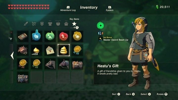 A tak brzydko pachnący Hestu’s Gift prezentuje się w ekwipunku Linka. (źródło obrazka: reddit.com) - Nintendo trolluje zbieraczy znajdziek w The Legend of Zelda: Breath of the Wild - wiadomość - 2017-03-17