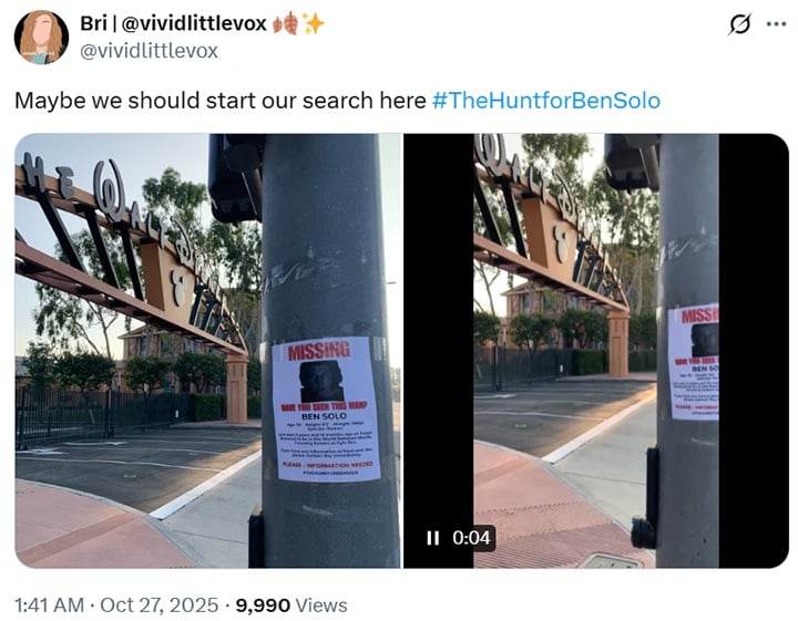 @vividlittlevox na x.com - Fani Star Wars nie zgadzają się z decyzją Disneya. Podejmują się szalonych wyczynów, domagając się The Hunt for Ben Solo - wiadomość - 2025-10-30