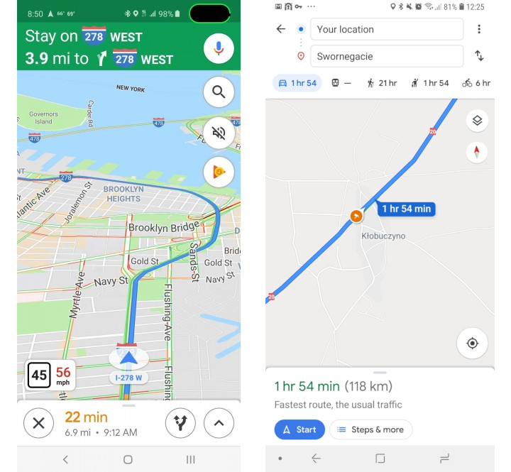 Po lewej widać prędkościomierz, natomiast po prawej ikonkę fotoradaru. - Mapy Google pokazują prędkość i próbują ostrzegać przed fotoradarami - wiadomość - 2019-06-06