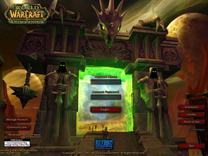 Tak wyglądał ekran logowania oryginalnej wersji TBC z 2007 roku. - Blizzard rozważa Burning Crusade do World of Warcraft: Classic - wiadomość - 2019-08-22