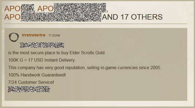 Przykład oferty „gold spamera”. - The Elder Scrolls Online – producent poluje na forumowych handlarzy złotem. - wiadomość - 2014-04-30