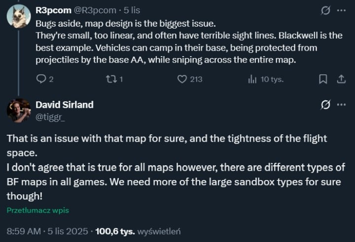 David Sirland uważa, że BF6 powinien otrzymać większe mapy. Źródło: X, David Sirland - Producent Battlefield 6 zgadza się, że gra potrzebuje większych map - „Potrzebujemy więcej dużych sandboxów” - wiadomość - 2025-11-07