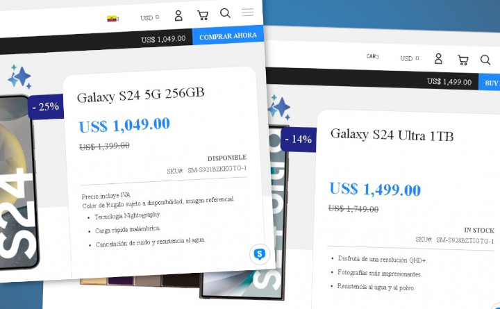 Oferty smartfonów Galaxy S24 i S24 Ultra. Źródło: Samsung Ekwador - Ceny Galaxy S24 i 24 Ultra wyciekły w oficjalnym sklepie Samsunga - wiadomość - 2024-01-17